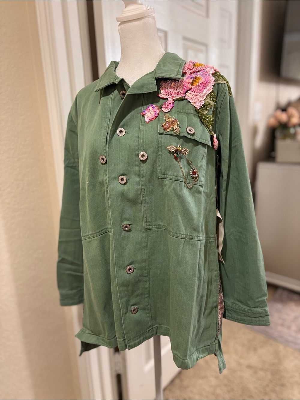 Olive Green Embroidered Floral Utility Jacket Retail $330